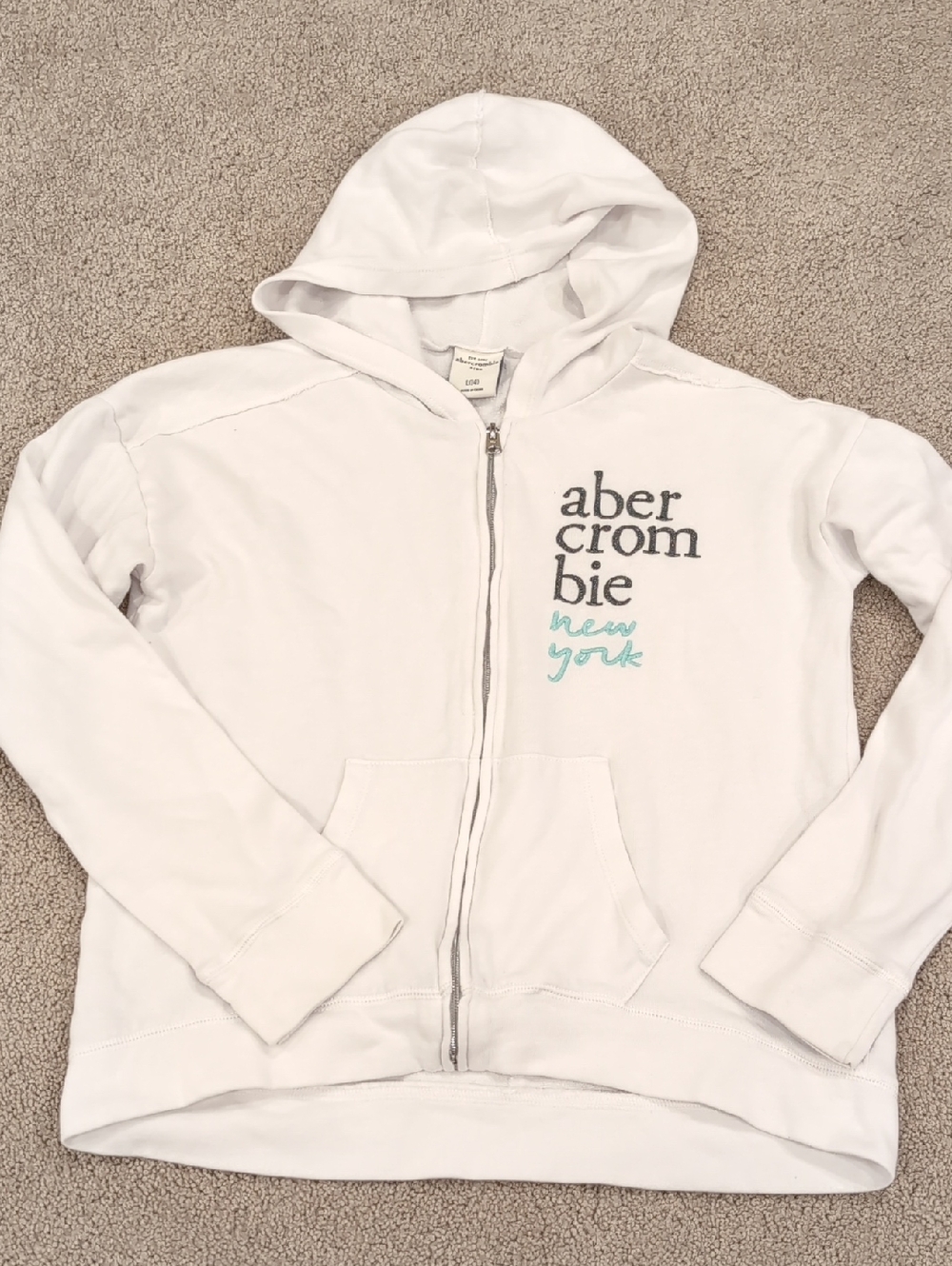 Abercrombie & Fitch White Zip Hoodie with Teal Logo
